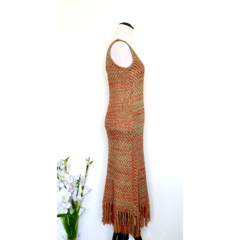 NEW! Crochet Knit Midi Dress Fringe Hem Sleeveless Bohemian Orange Green SZ S - Picture 9 of 11